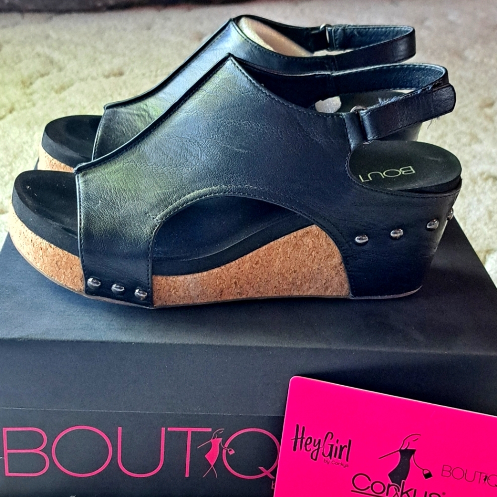 Corkys Black Wedge Sandals with Cork Midsole
